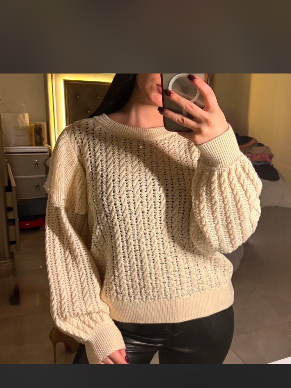 Alice + Olivia Cream Cable Knit Balloon Sleeve Sweater
